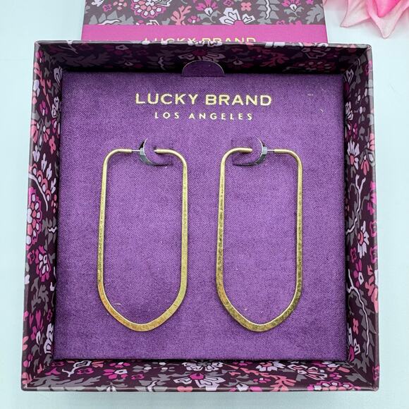 Lucky Brand Hammered Long Gold Tone Brutalist Hoop Earrings New In Box - Picture 3 of 9